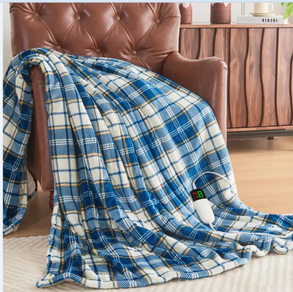 Heated Blanket Electric Throw, 50X60, Heating Throw with 10 Heating Levels/8 Hours Auto Off, Navy Blue Plaid Checkered Sherpa Blanket Warmer for Adults,...